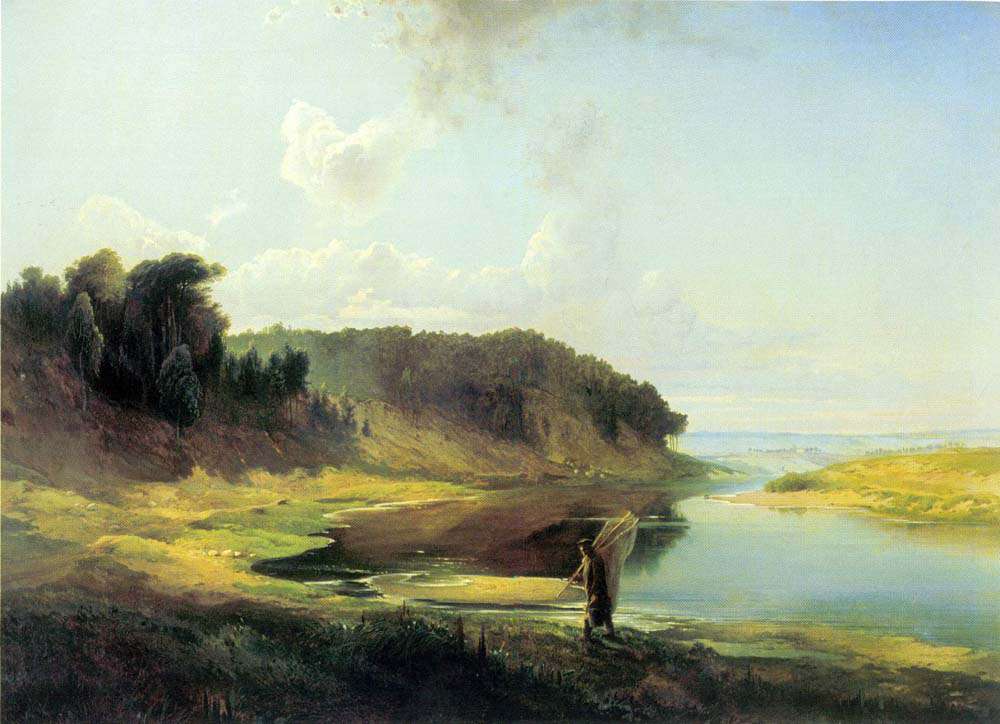 Пейзаж с рекой и рыбаком (1859)