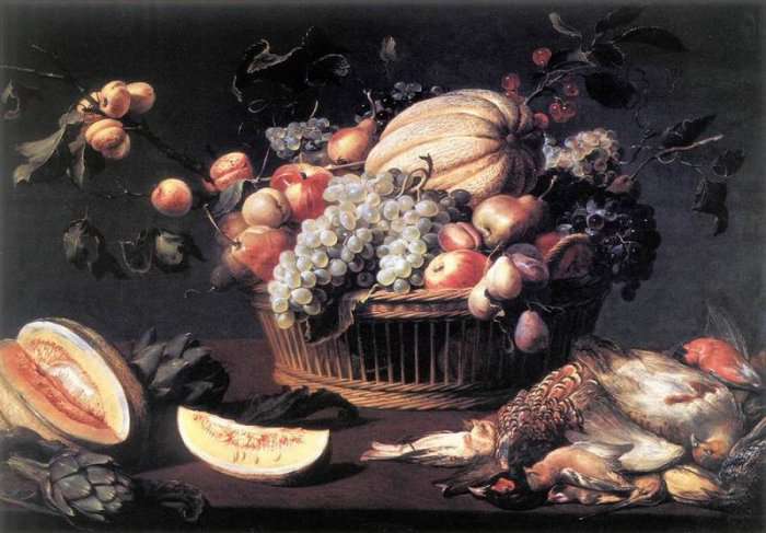 Натюрморт с фруктами и птицами (1614)