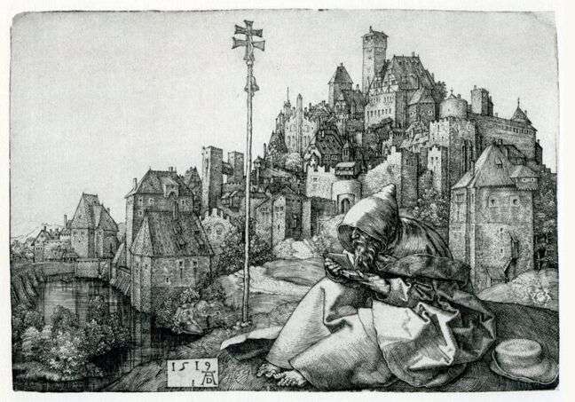 Святой Антоний у городской стены, гравюра (1519)